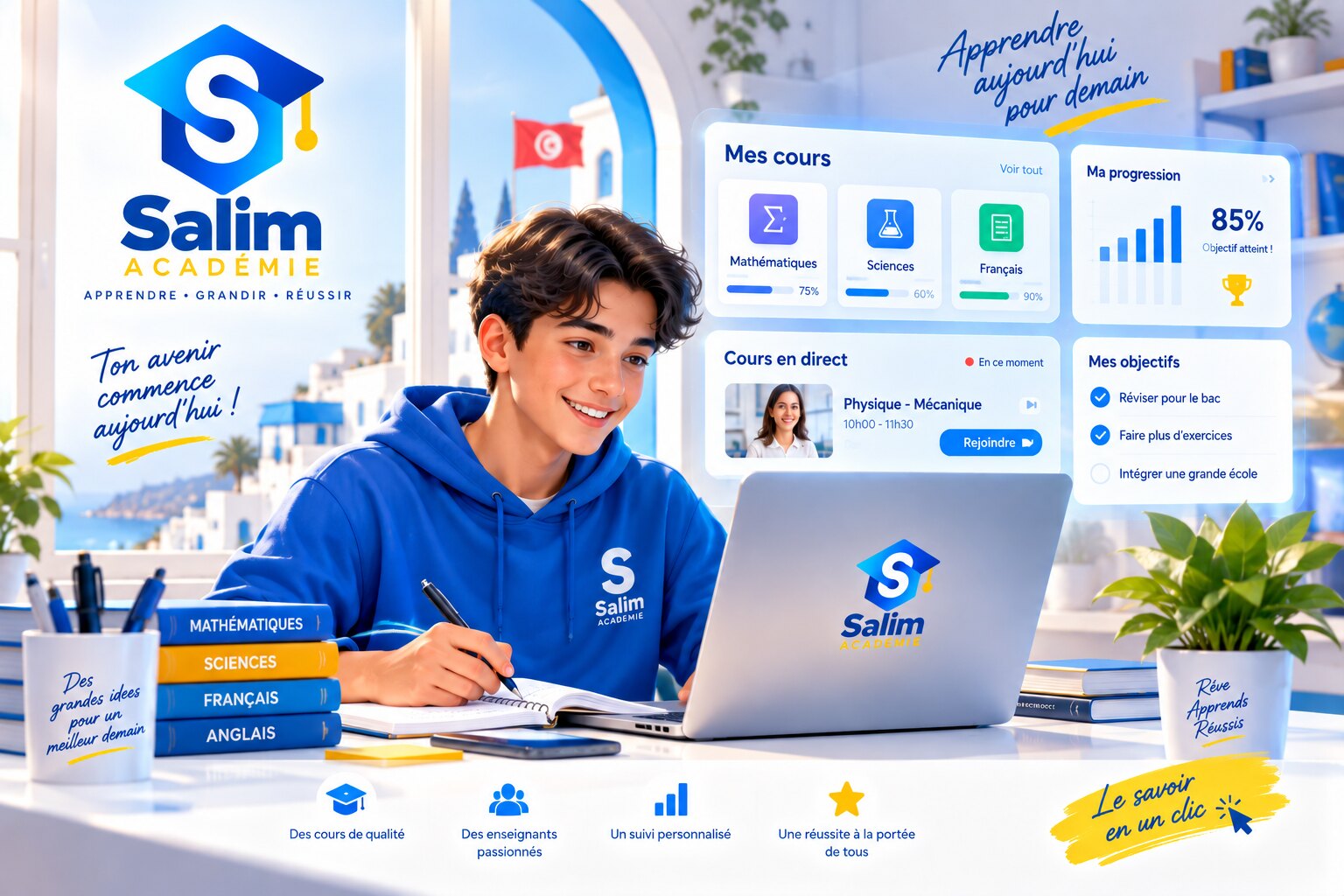 Élève suivant ses cours Salim Académie sur son ordinateur, avec son tableau de bord de progression